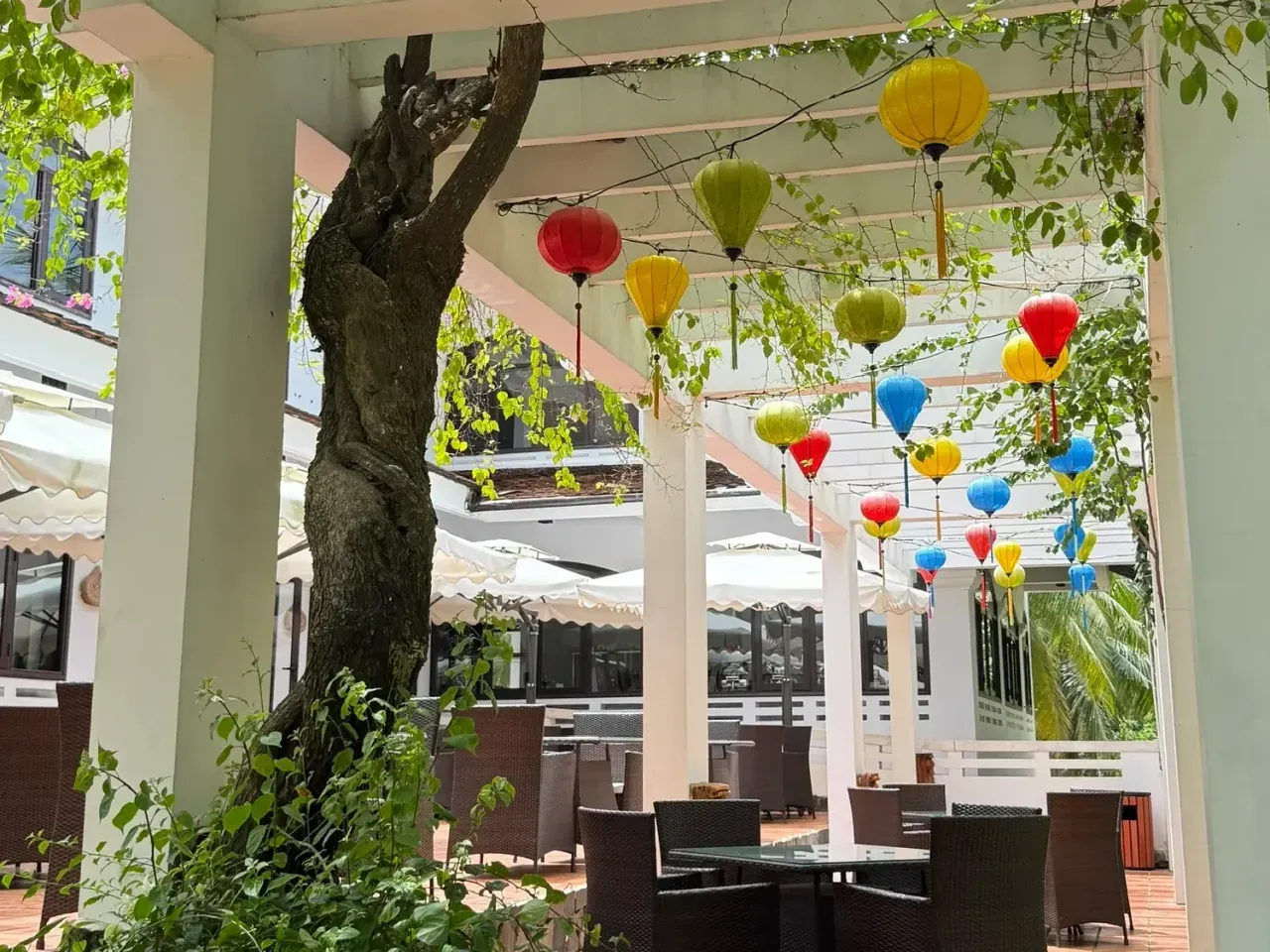 Faifo’s terrace under the pergola of silk lanterns, with glass tables and rattan armchairs